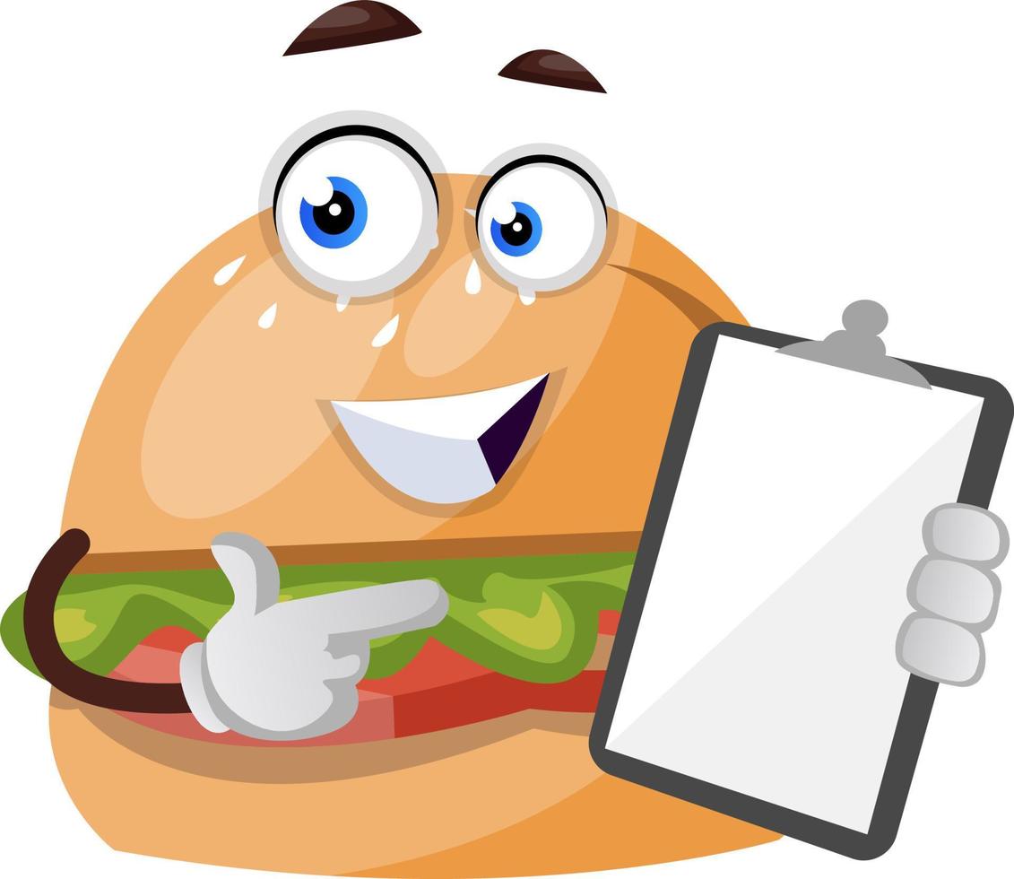 Burger mit Notizbuch, Illustration, Vektor auf weißem Hintergrund.