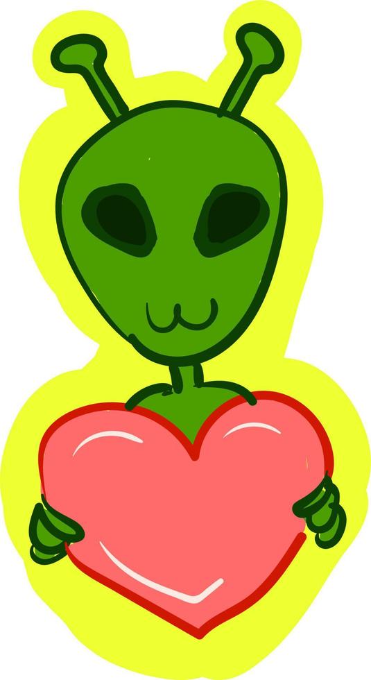 Ein grüner Außerirdischer, der ein Herz, einen Vektor oder eine Farbillustration hält.