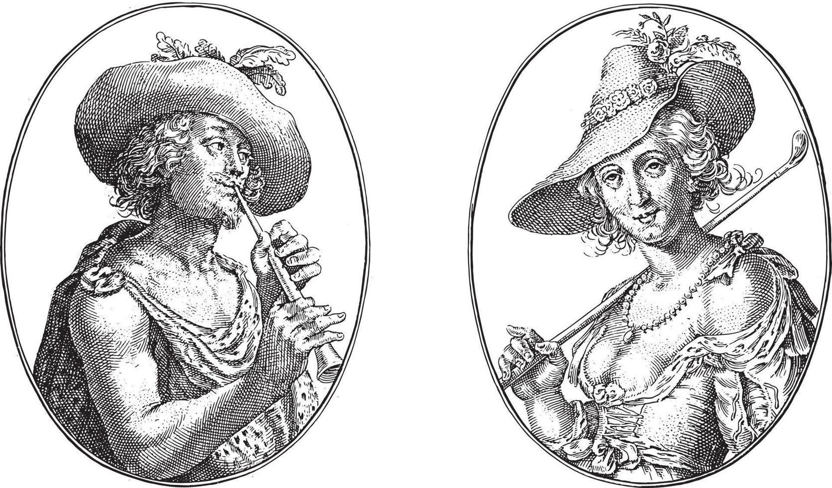 coridon och silvia, knaprig skåpbil de passe ii, 1635, årgång illustration. vektor