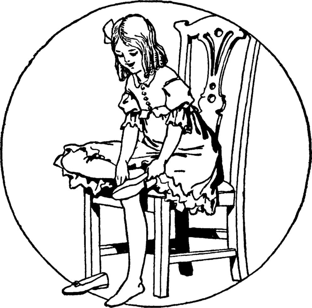flicka Sammanträde på fyra ben stol, årgång illustration. vektor