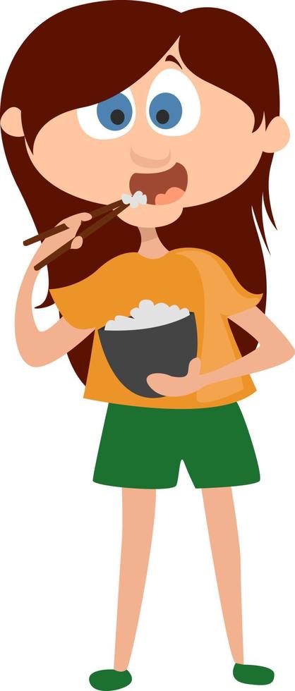 flicka äter ris, illustration, vektor på vit bakgrund