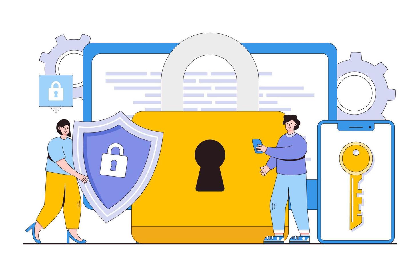 platt data säkerhet systemet begrepp med människor tecken. översikt design stil minimal vektor illustration för landning sida, webb baner, infografik, hjälte bilder