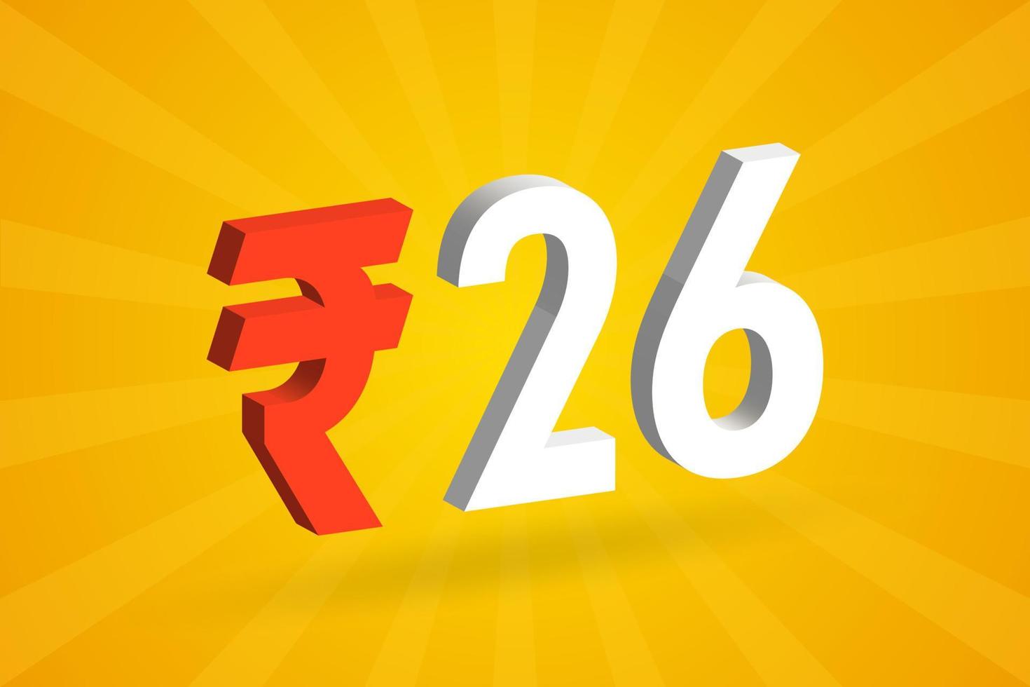 26 Rupie 3D-Symbol fettes Textvektorbild. 3d 26 indische Rupie Währungszeichen Vektor Illustration