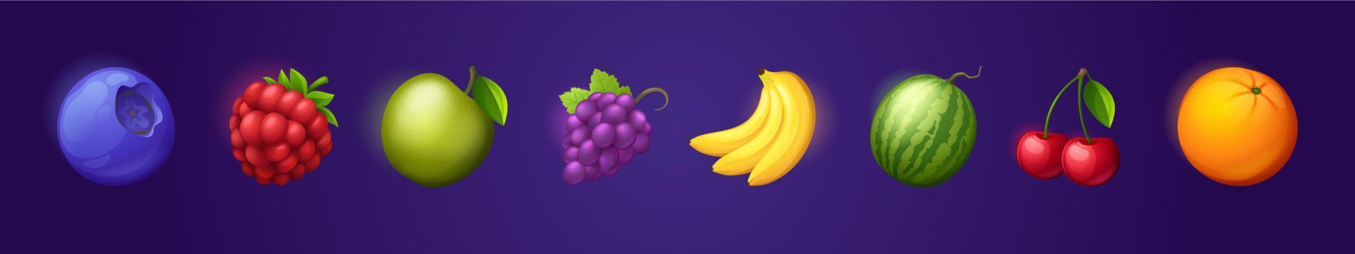Obst- und Beerensymbole, Orange, Apfel, Banane vektor