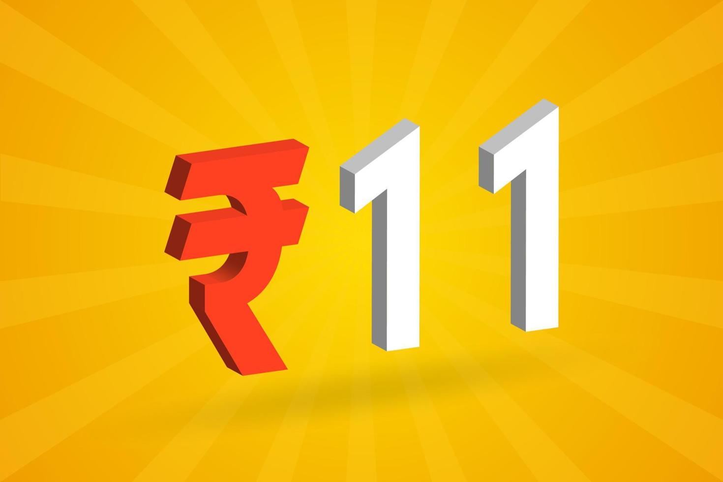11 Rupie 3D-Symbol fettes Textvektorbild. 3d 11 indische Rupie Währungszeichen Vektor Illustration
