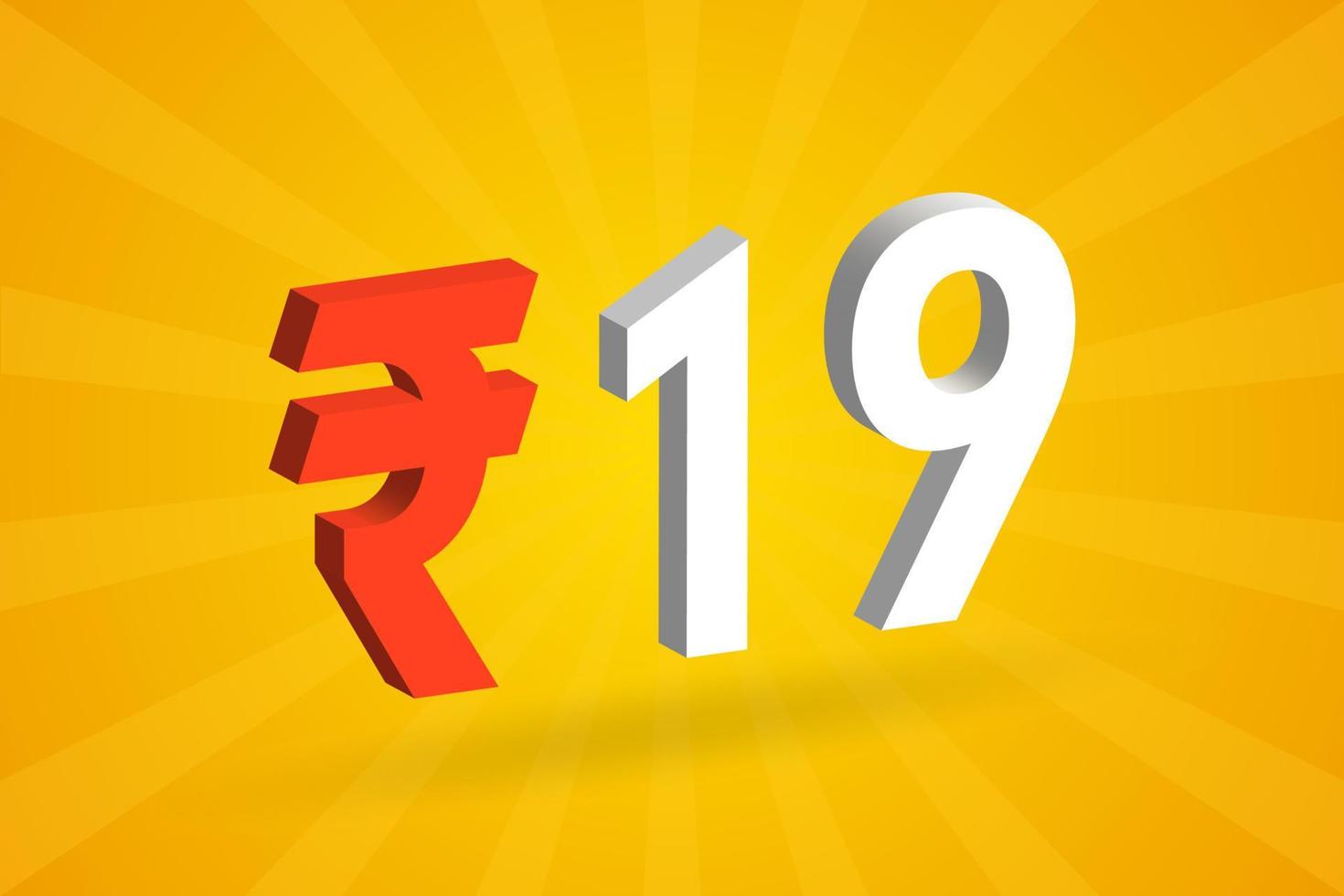 19 Rupie 3D-Symbol fettes Textvektorbild. 3d 19 indische Rupie Währungszeichen Vektor Illustration