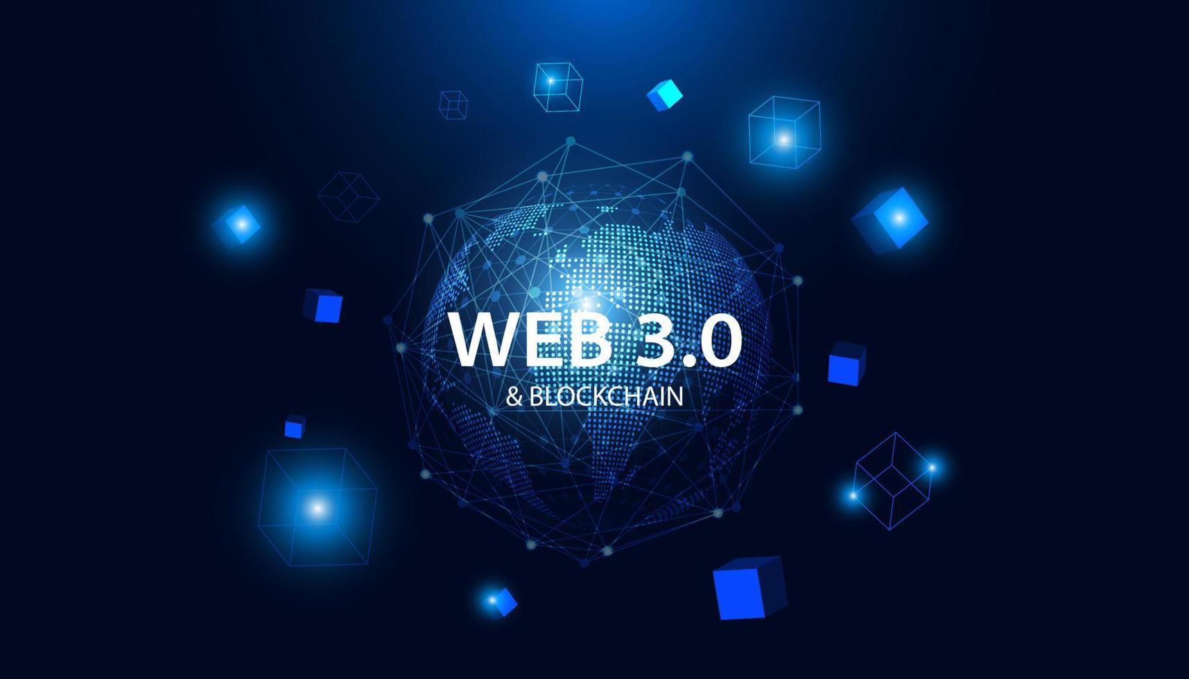 abstrakt värld teknologi blå prickar modern webb 3.0 begrepp är fri tillgång till information eller tjänster utan förmedlarna till kontrollera och censur och blockchain på bakgrund. vektor