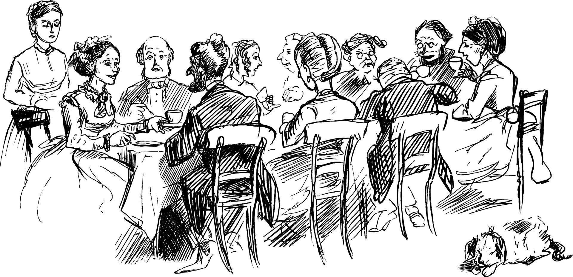 Gruppe von Männern und Frauen, die die Dinnerparty genießen, Vintage-Illustration. vektor