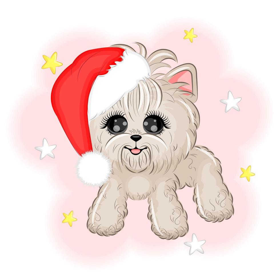 söt yorkshire terrier hund i en santa claus hatt jul vektor illustration