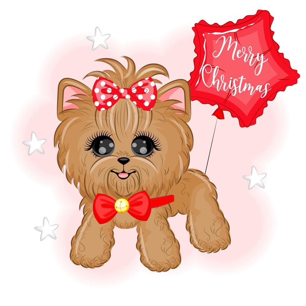 süßer yorkshire terrier hund mit einer ballonweihnachtsvektorillustration vektor