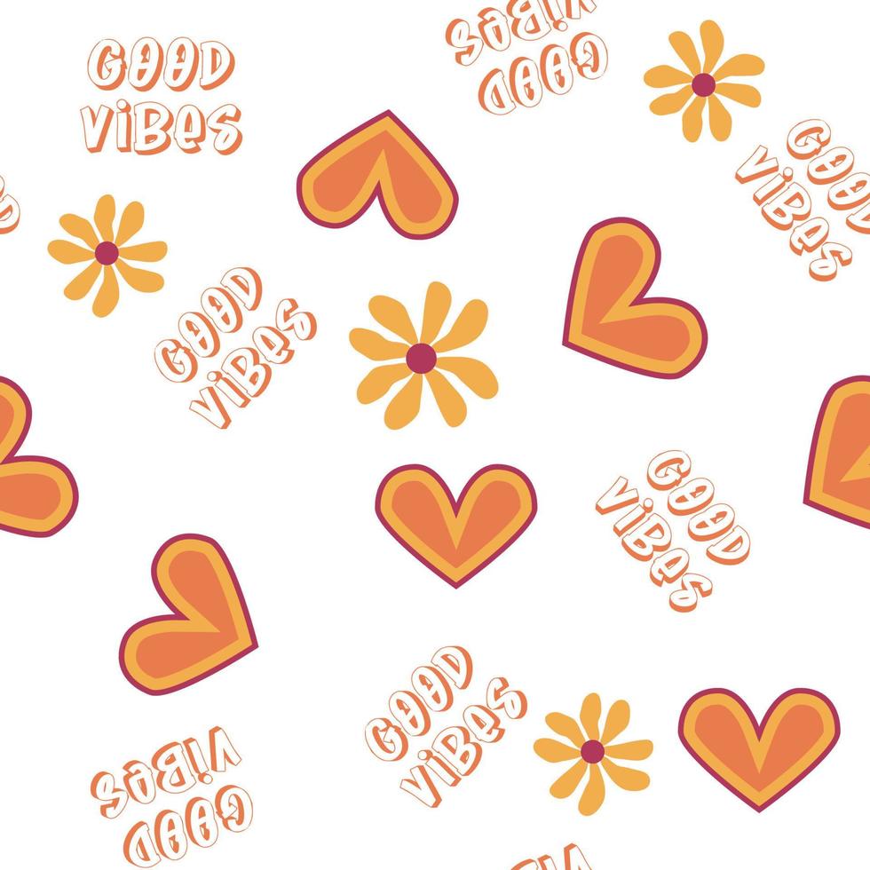 Liebesherz, Gänseblümchen, Wellen der positiven Retro-70er Jahre Musterdesign. gelb, orange, rot zerstreute Herzformen auf einem wirbelnden Hintergrund vektor