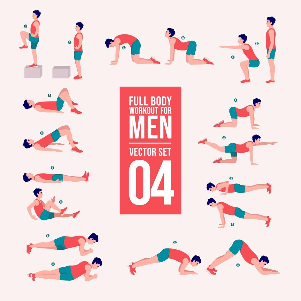 träna män uppsättning. manlig håller på med kondition och yoga övningar. lunges och knäböj, planka och abc. full kropp träna. vektor