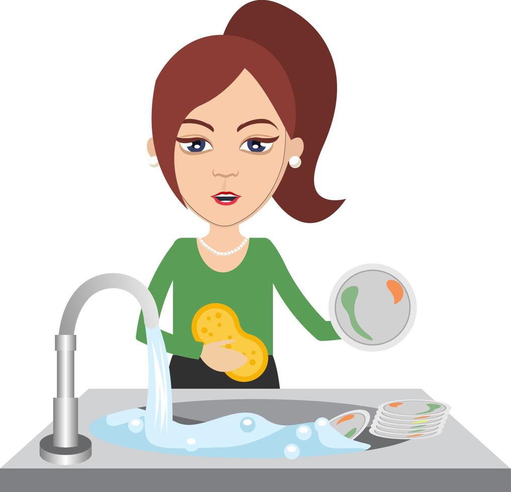 kvinna tvättning maträtter, illustration, vektor på vit bakgrund.