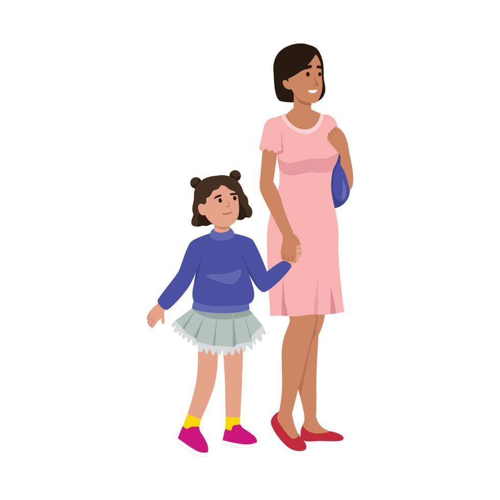 mor med dotter.mamma innehar henne dotter hand.isolerad på vit bakgrund. tecknad serie stil. vektor illustration