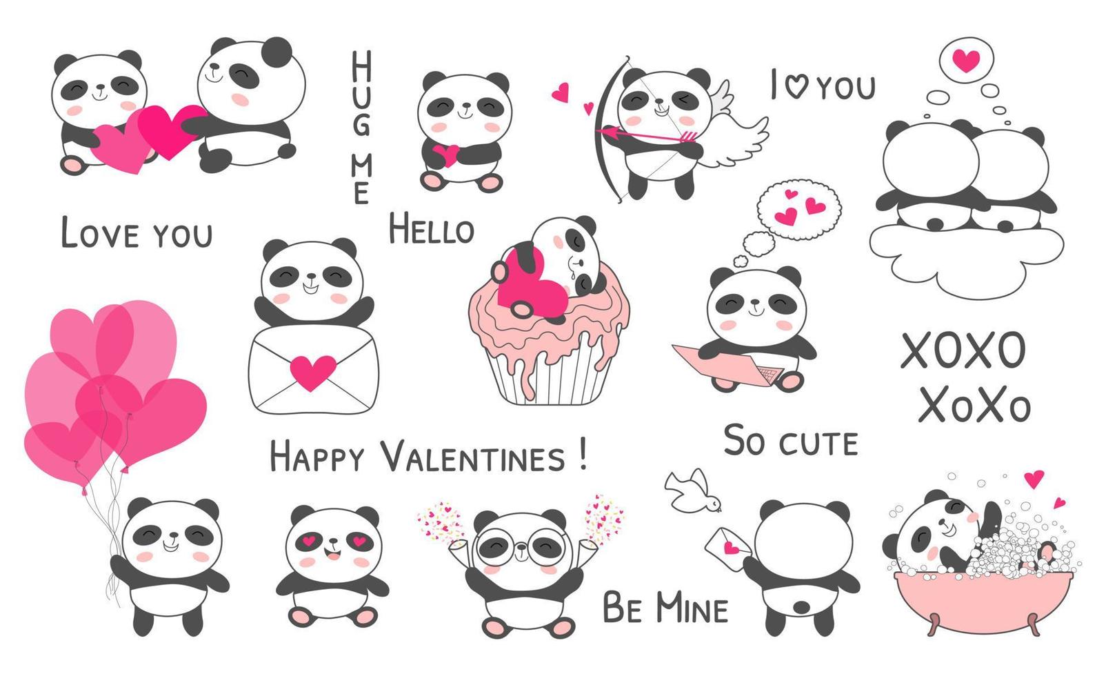 bebis panda valentines dag uppsättning vektor illustration