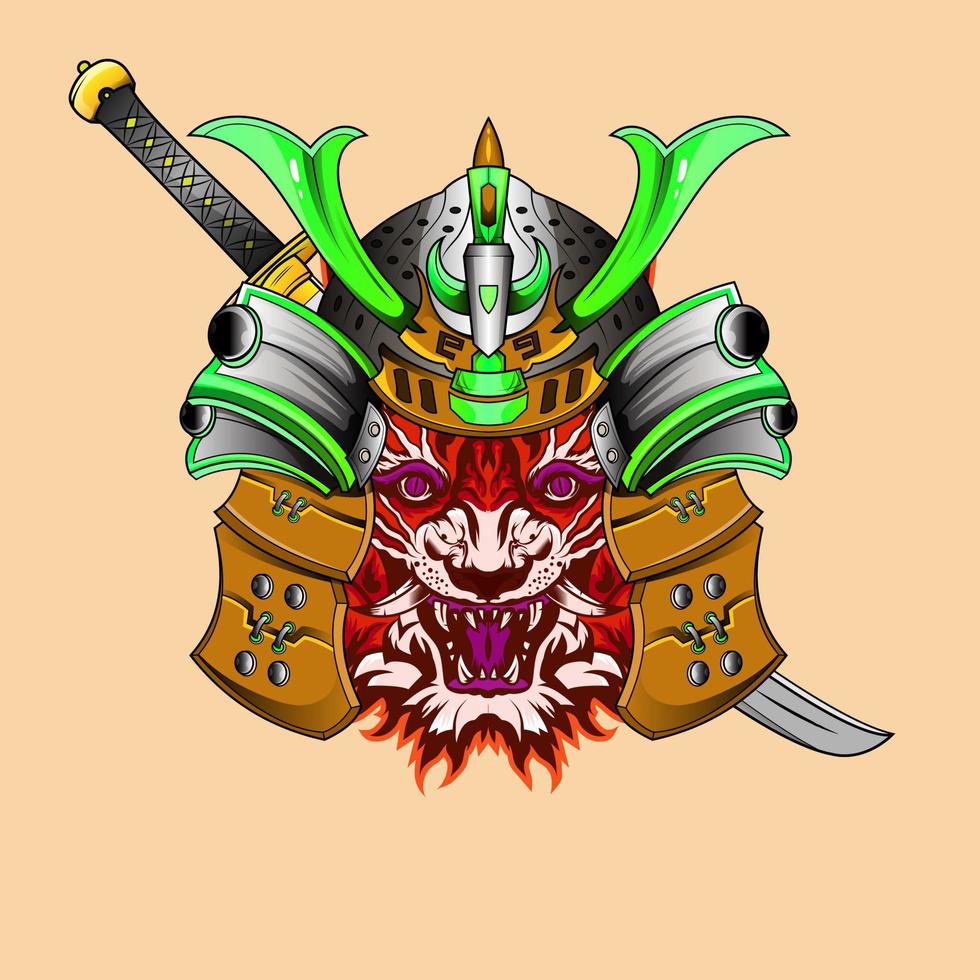 japanase samurai tiger ritter kopf kunstwerk illustration und t-shirt design samurai tiger helm inspiriert vom japanischen zeichenstil vektor