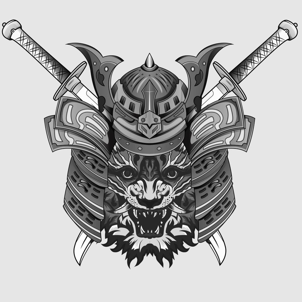 handgezeichnetes japanase design samurai tiger helm ritter kopf kunstwerk schwarz und weiß vektor