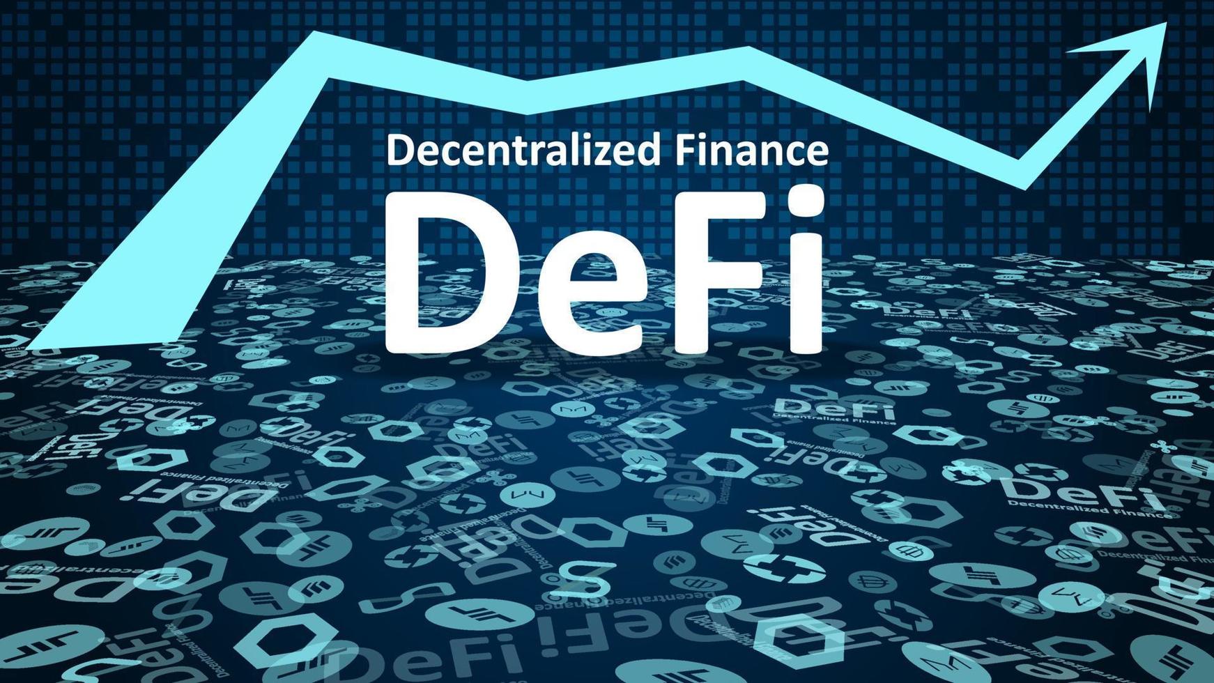 defi - decentraliserad finansiera med altcoin logotyper och upp pil symbol på mörk blå bakgrund. tecken av de största projekt i de defi sektor. vinjettering. vektor eps10.