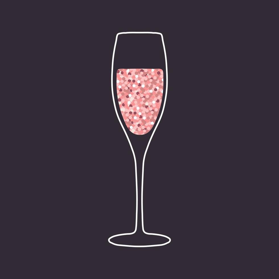 illustration von champagnerglas mit realistischem rosa glitzerstaub isoliert auf dunklem hintergrund. vervollkommnen Sie für Feiertagskarte oder elegante Partyeinladung. vektor