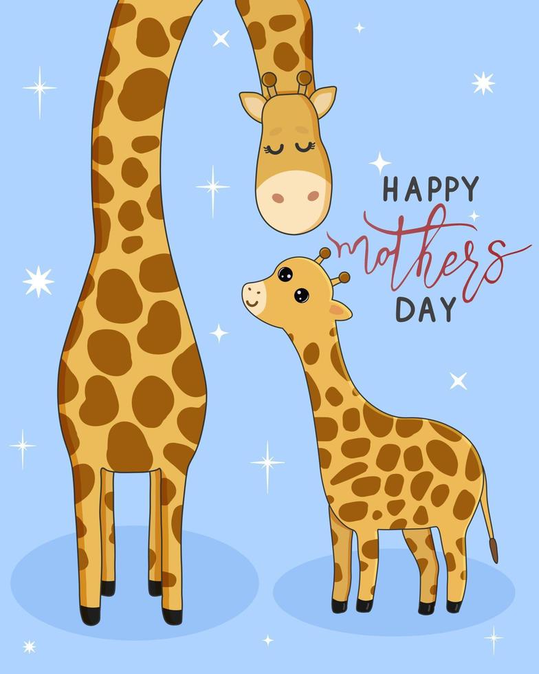 vektor tecknad serie kort. Lycklig mors dag med giraff familj på blå bakgrund.