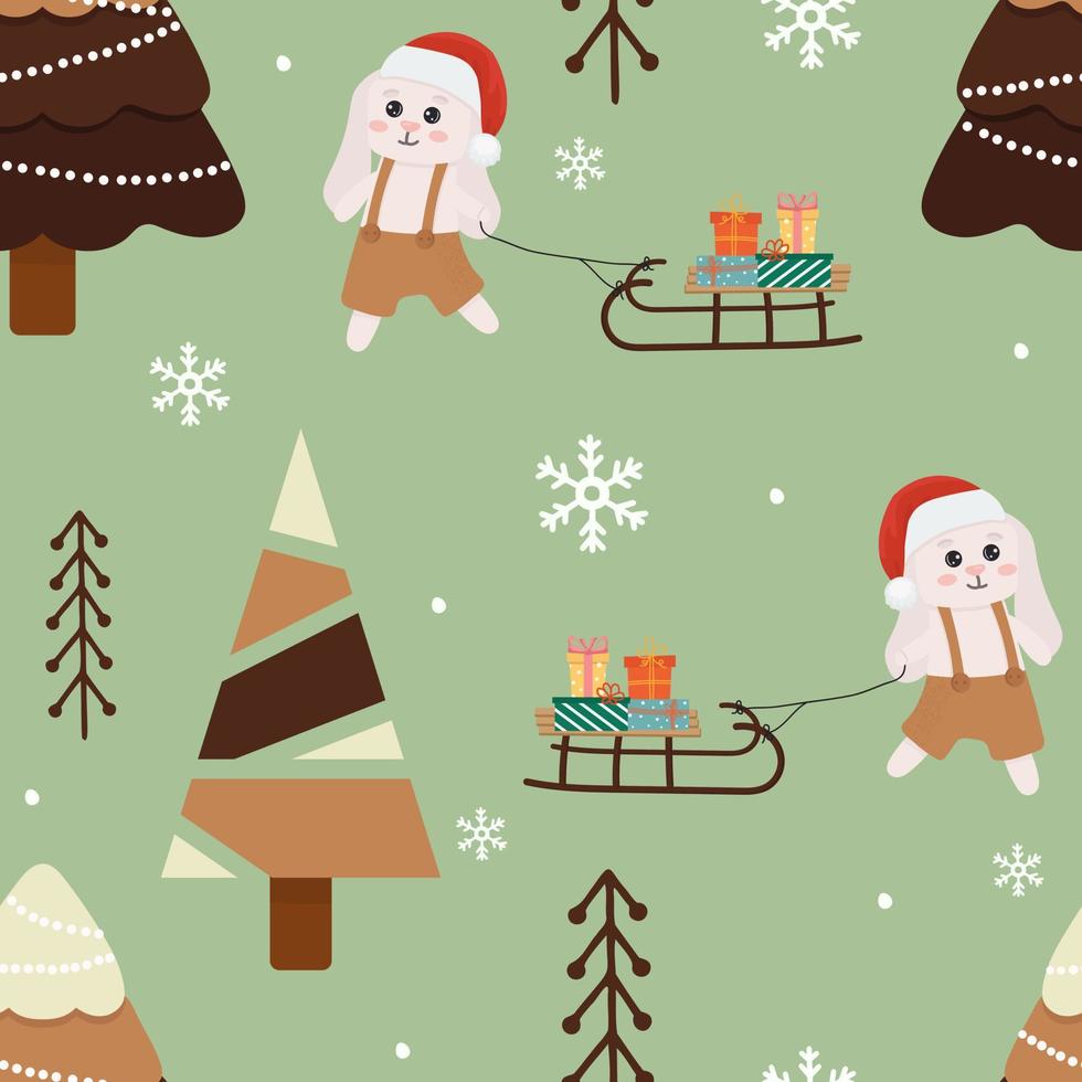 Nahtloses Muster mit Häschen und Weihnachtsbaum auf grünem Hintergrund. perfekt für Geschenkpapier, Grußkarten, Textildruck. vektor