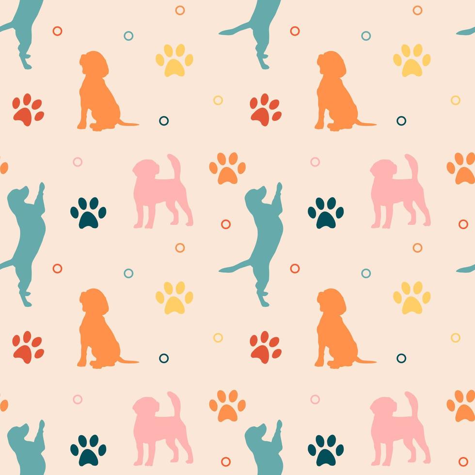 sömlös färgrik mönster med hundar och tassar. bakgrund för sällskapsdjur affär, veterinär klinik, sällskapsdjur Lagra, Zoo, skydd. platt stil design, vektor illustration.