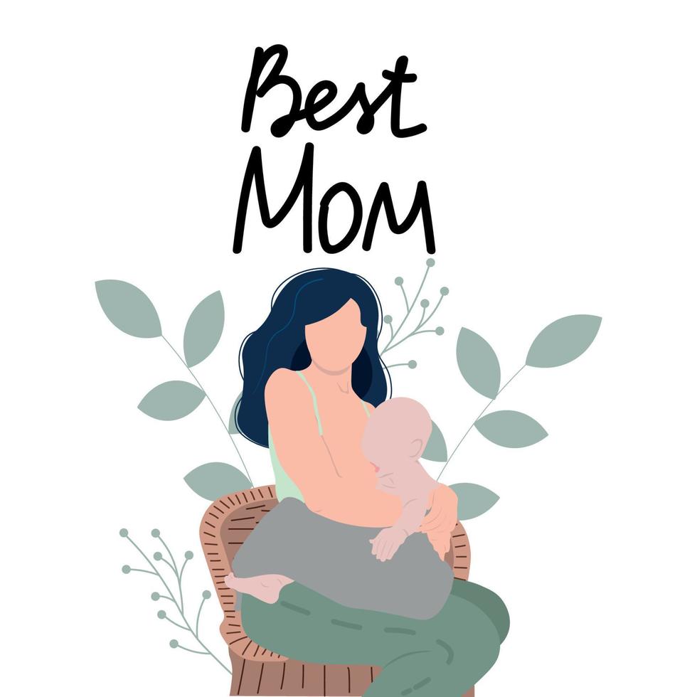 amning illustration, mor matning en bebis med bröst med natur och löv bakgrund. begrepp vektor illustration i tecknad serie stil.