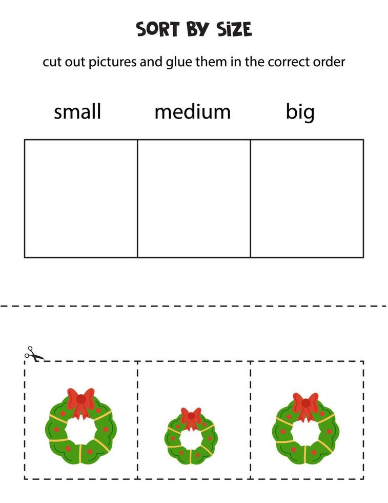 Weihnachtskränze nach Größe sortieren. pädagogisches arbeitsblatt für kinder. vektor