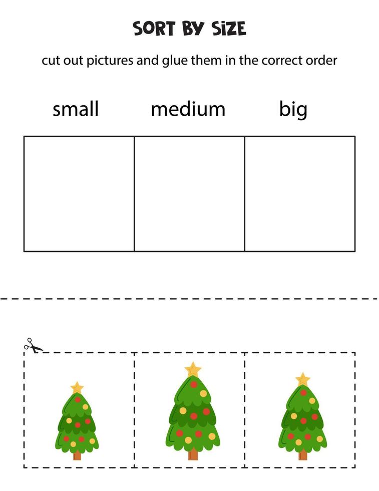 weihnachtsbäume nach größe sortieren. pädagogisches arbeitsblatt für kinder. vektor