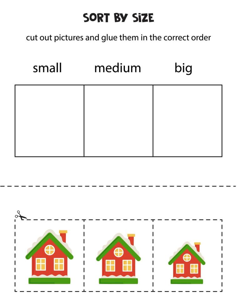 sortera vinter- hus förbi storlek. pedagogisk kalkylblad för ungar. vektor