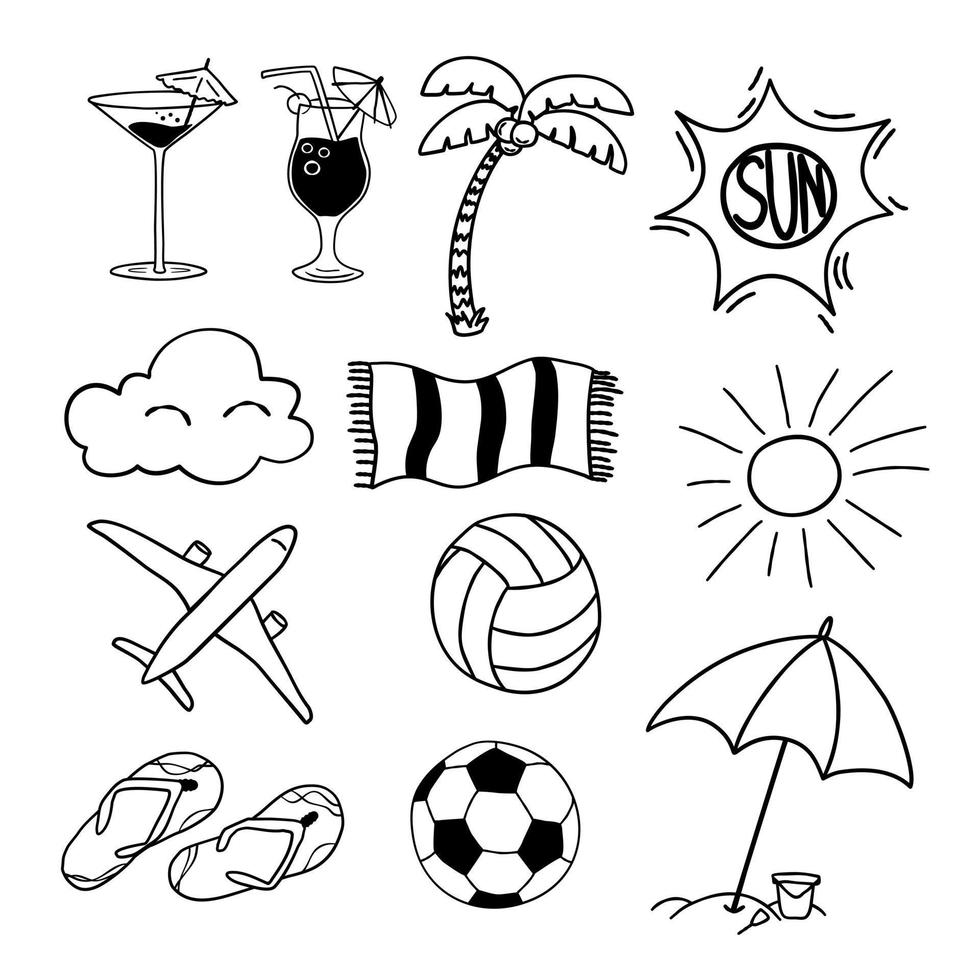 Doodle-Reihe von Illustrationen.Cocktail, Palme, Sonne, Wolke, Handtuch, Flugzeug, Ball, Schiefertafeln, Sonnenschirm vektor