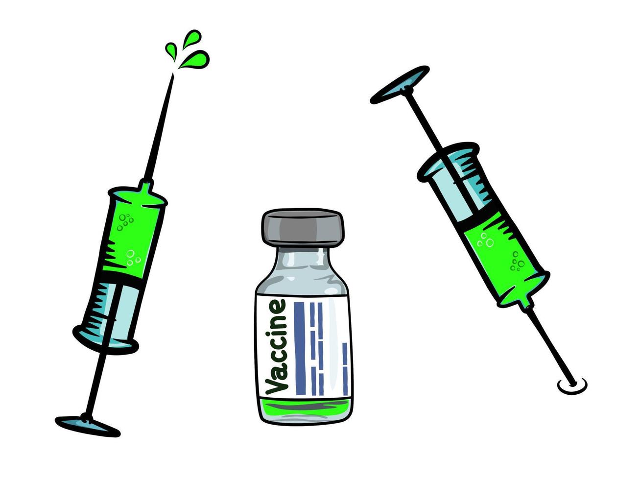 vaccin flaska och spruta vektor teckning. hand dragen läkemedel ampull och spruta injektion isolerat på vit bakgrund. vaccination, immunisering, behandling begrepp