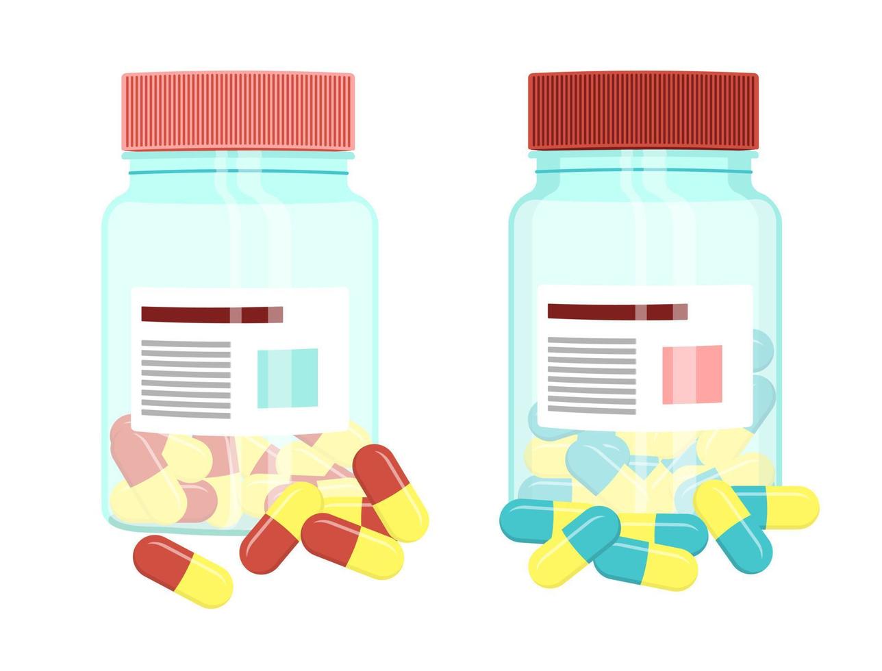 transparente plastikflaschen, hellblaue bernsteinglasflaschen für medikamente mit roten und blauen pillen oder dragee-fläschchen, die mit kappen verschlossen sind, isolierte vektorillustrationen. Verpackung von pharmazeutischen Produkten vektor