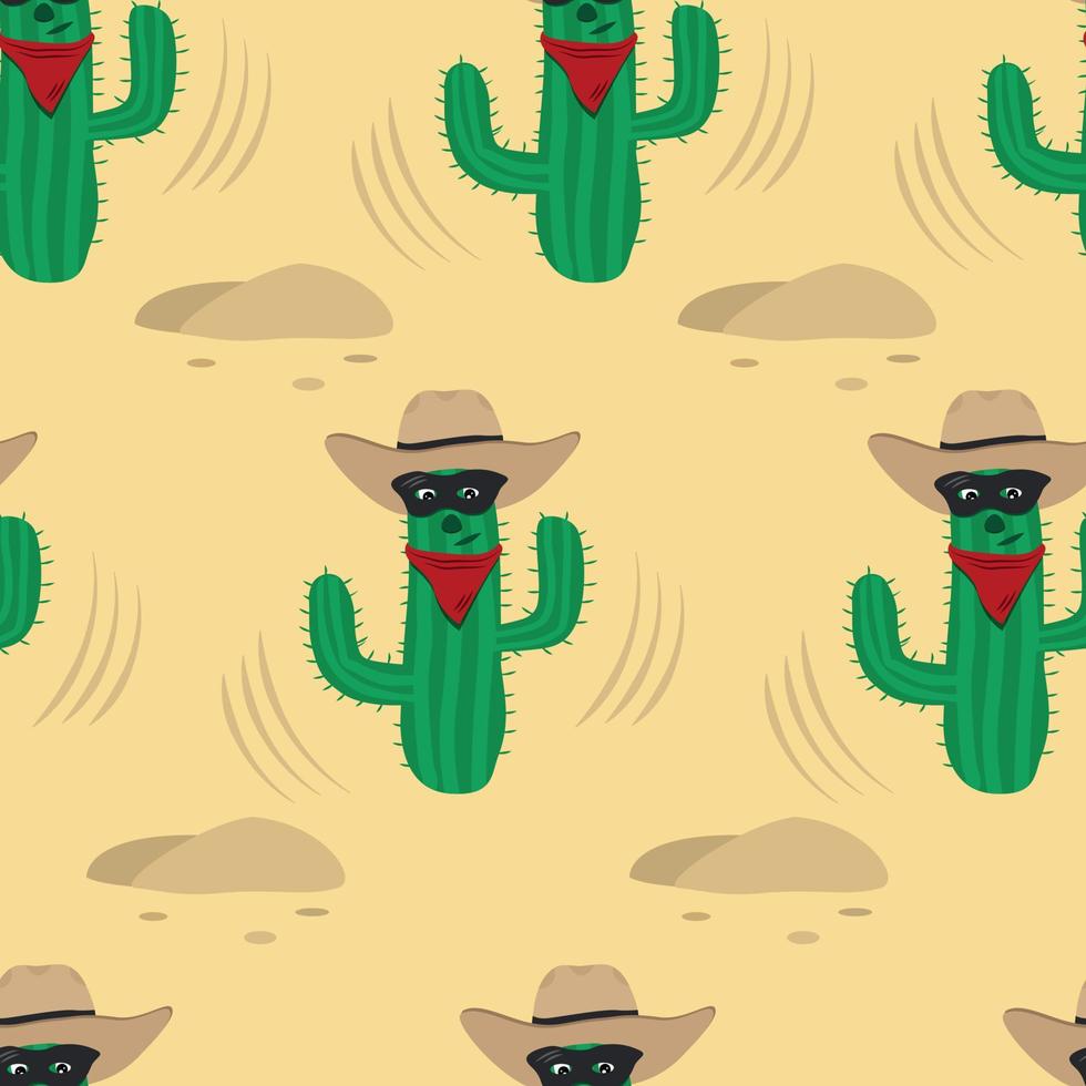 kaktus cowboy sömlös mönster, grön kaktus karaktär med hatt och öga mask i de öken, upprepa design för skriva ut på bebis Produkter, tyg, tapet, brevpapper vektor