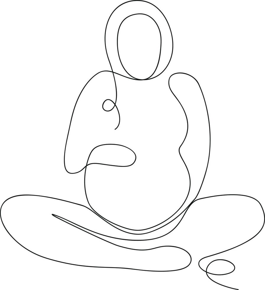 gravid kvinna Sammanträde i lotus placera, förväntans mor linje konst, ett linje teckning vektor