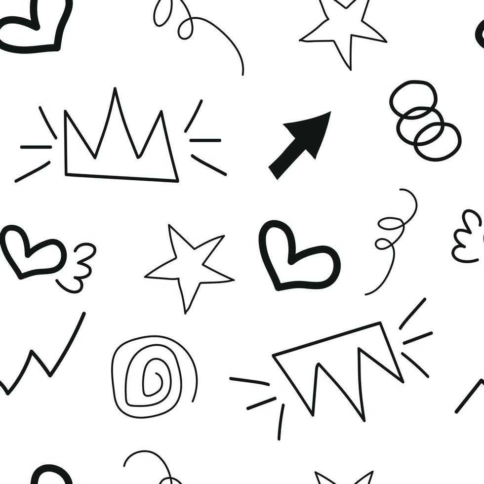 Doodle-Muster Schwarz-Weiß-Elemente, Sterne, Herzen, Blitze, abstrakte minimalistische Zeichnung von Hand vektor