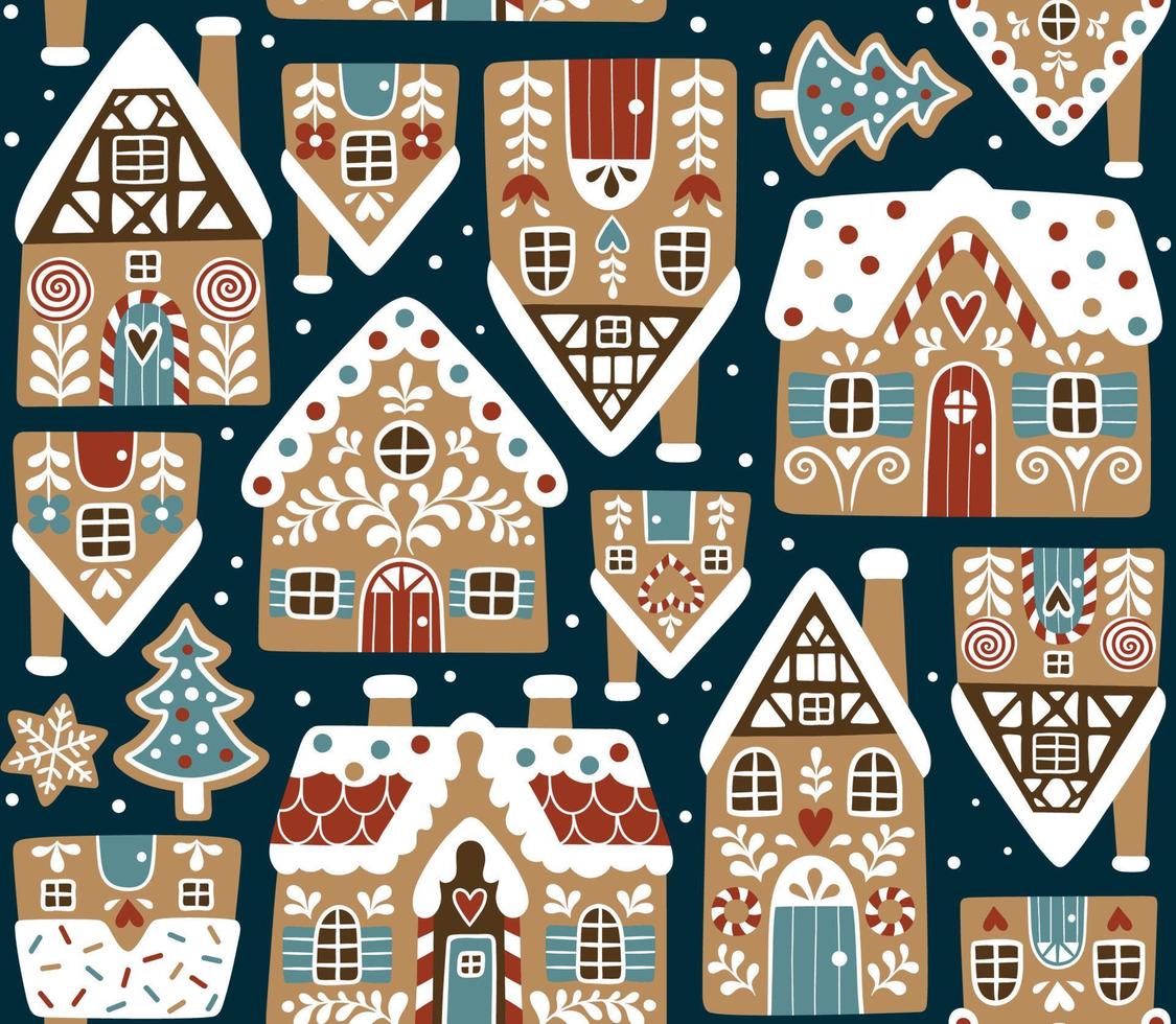 sömlös mönster med söt pepparkaka hus och småkakor på mörk blå bakgrund. perfekt för textil, tapet eller skriva ut design. vektor