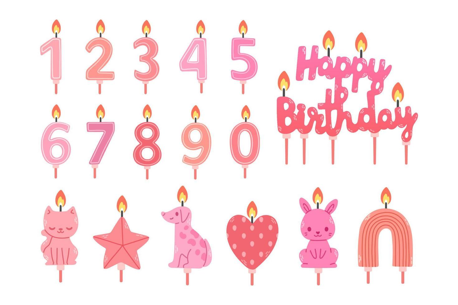 Geburtstagskerzen für Mädchen in rosa Farben, Zahlenkerzen, verschiedene Formen, einzeln auf Weiß, eps10-Vektorillustration vektor