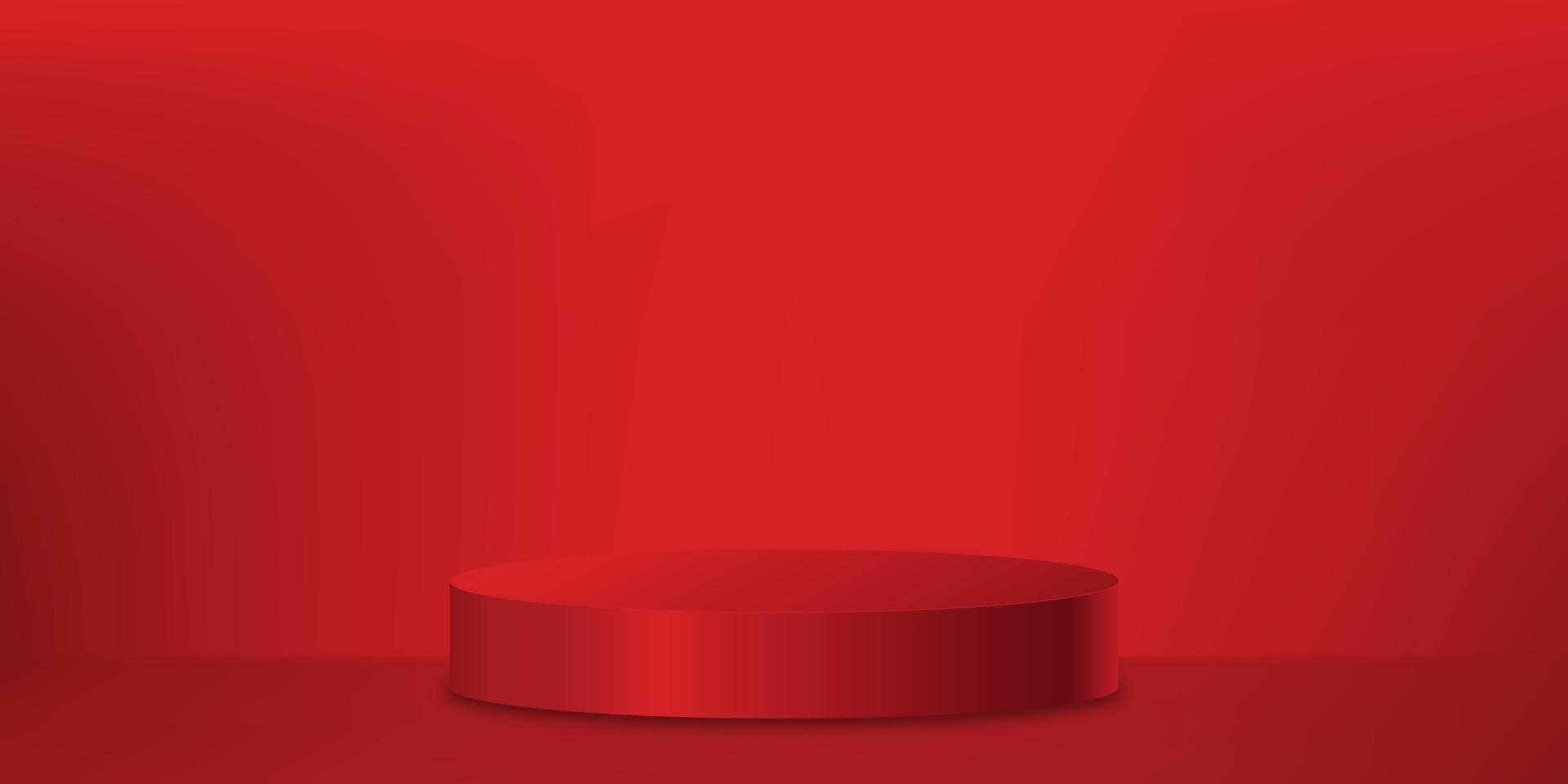 3D-Display-Zylinder-Podium auf rotem Wandhintergrund, Vektor-Luxus-Studio-Hintergrundszene mit kreisförmigem Bühnenstand für Valentinstag, chinesisches Neujahr, Weihnachten, Mittherbstfest für Produktpräsentation vektor
