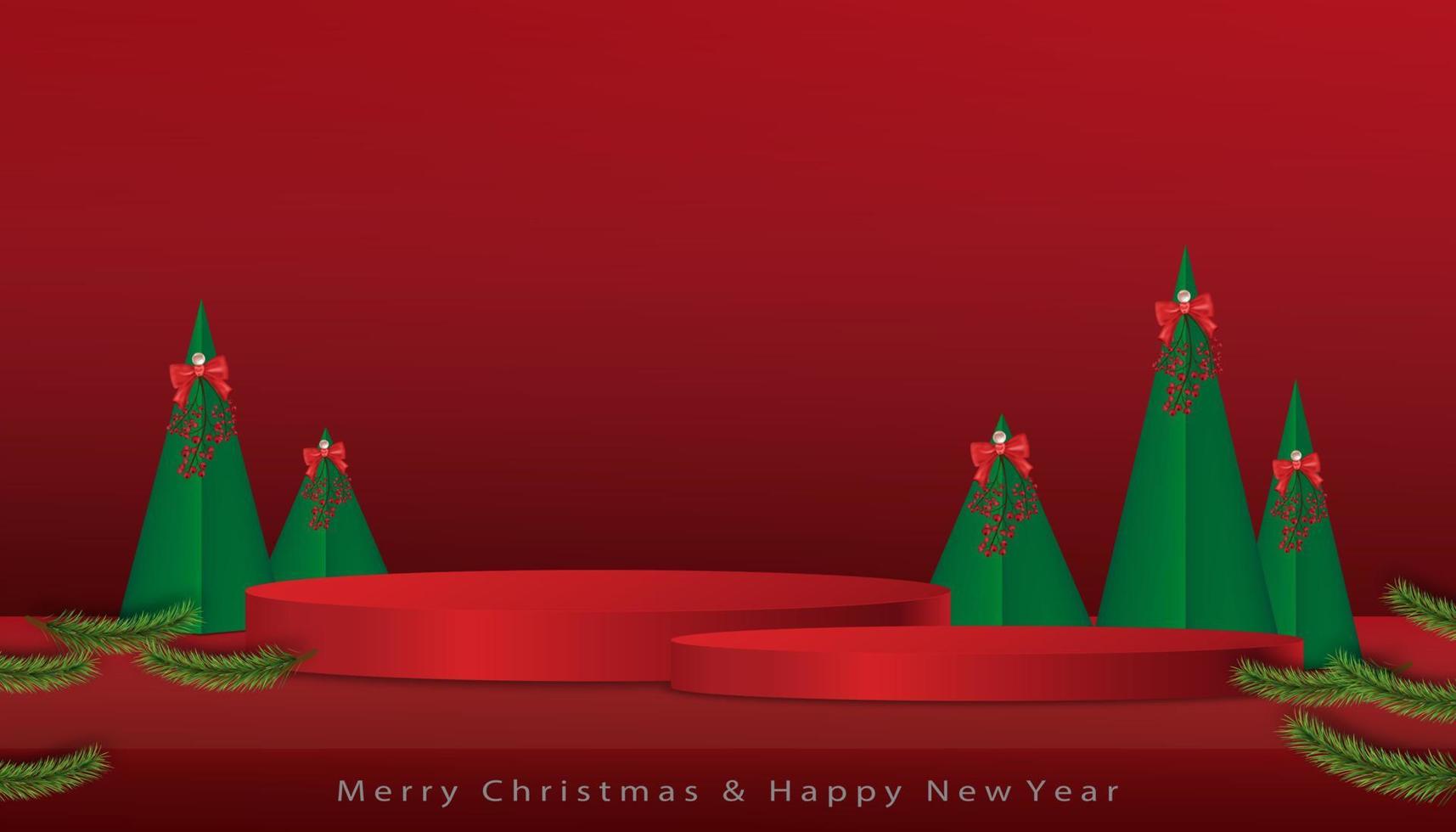 weihnachts- und neujahrshintergrund mit 3d-podium, weihnachtsbaumpapierschnitt, weihnachtskiefern-tannenbaum. vektorwinterurlaubszusammensetzung für grußkarte, fahne, plakat vektor