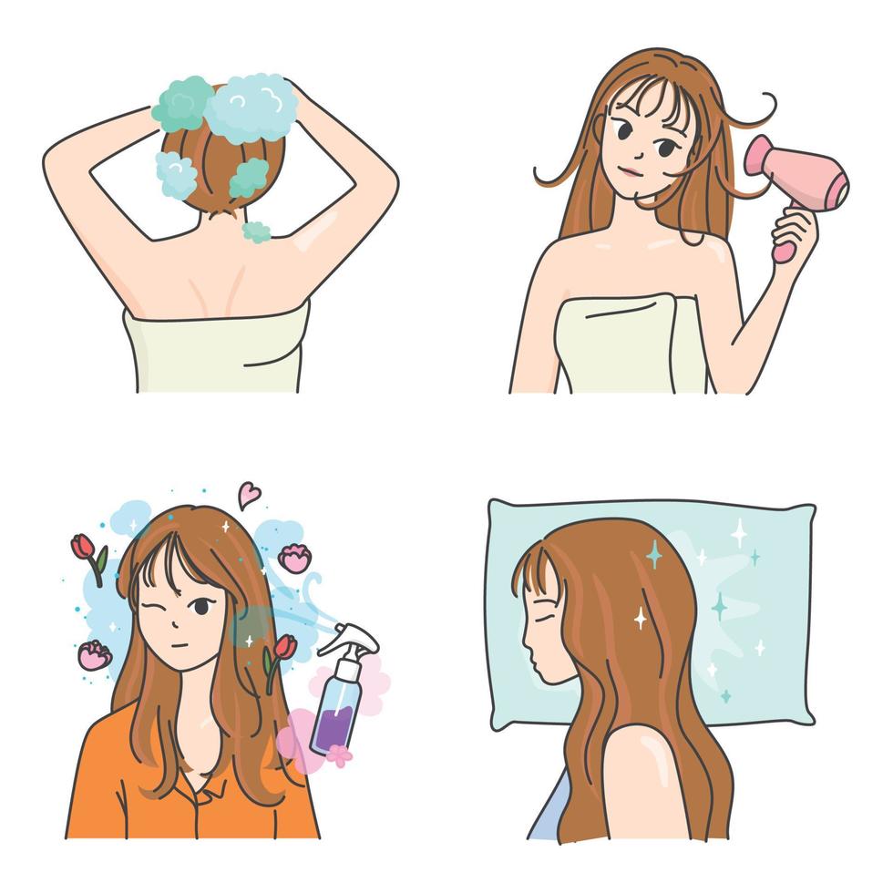 frau, die haarpflegeprodukte nach dem shampooschritt verwendet kawaii gekritzel flache karikaturvektorillustration vektor