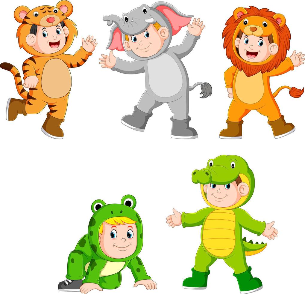 samling barn bär söt vild djur- kostymer vektor