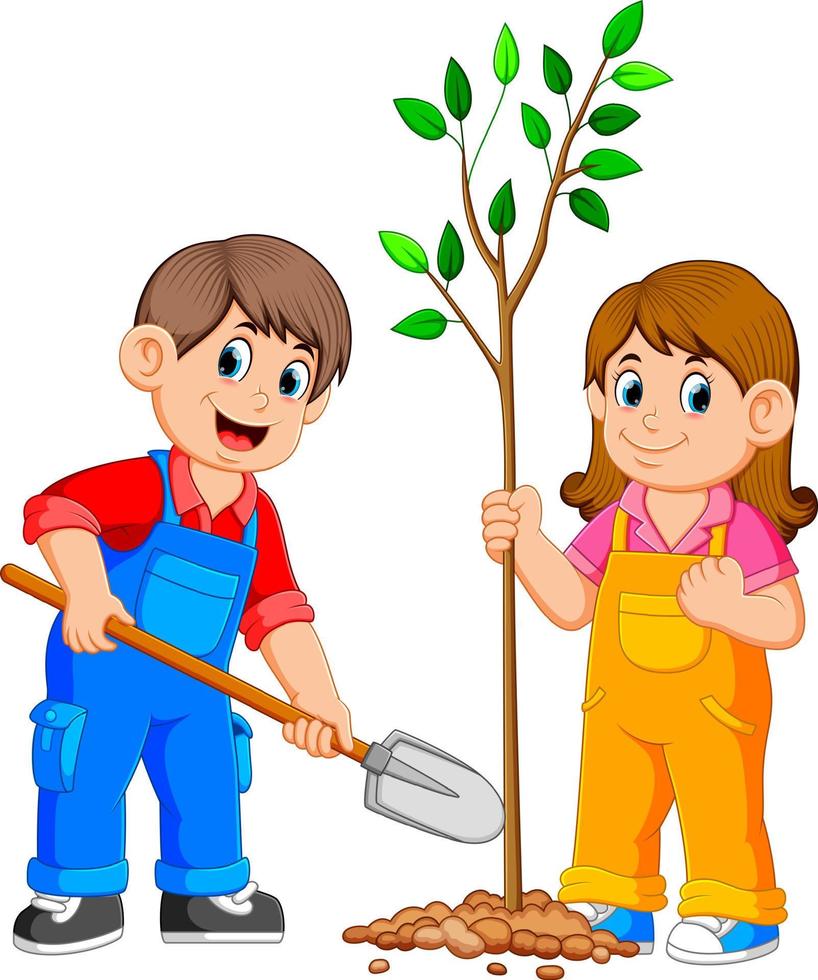 Zwei Kinder pflanzen einen Baum vektor
