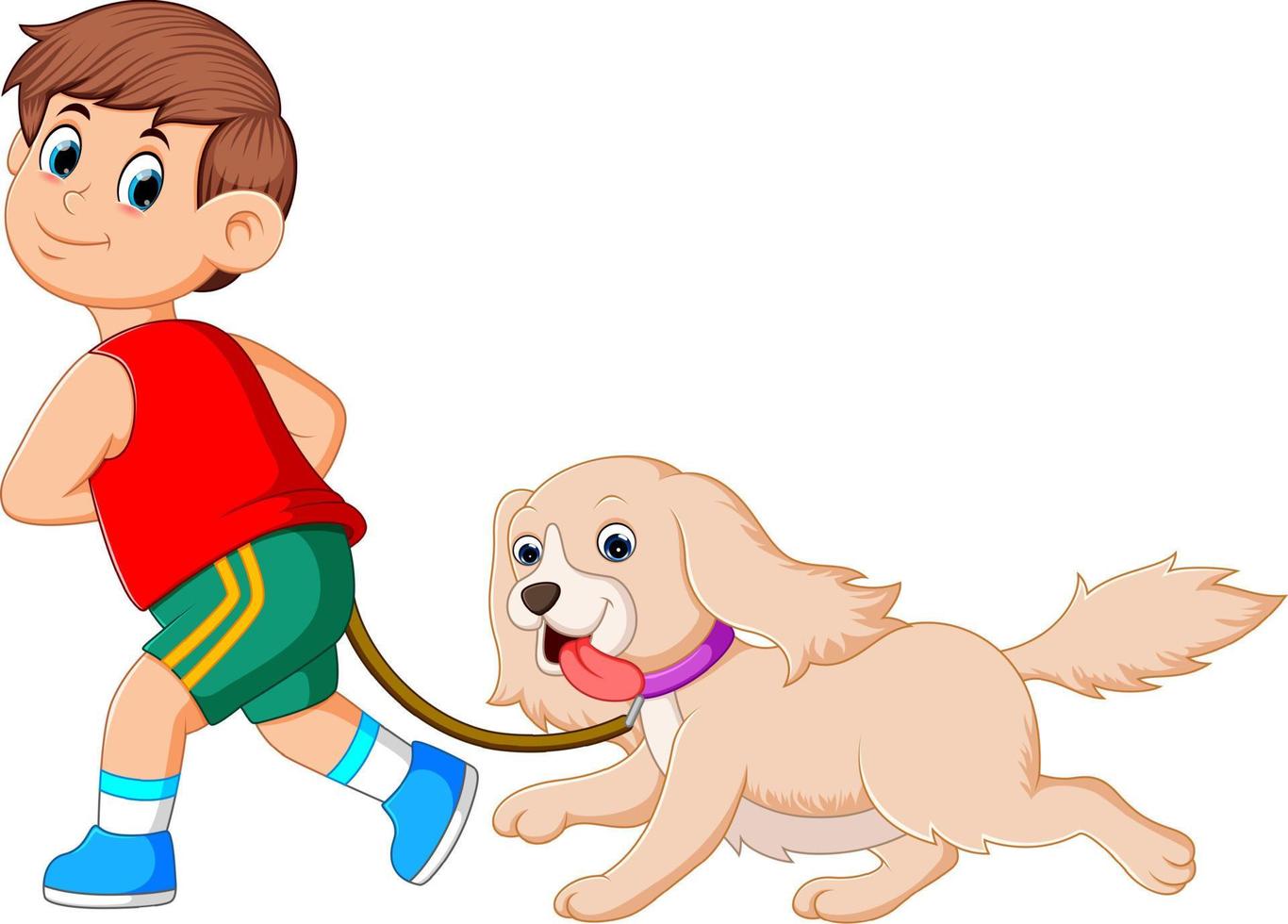Ein fröhlicher Junge rennt und zieht seinen süßen braunen Hund vektor