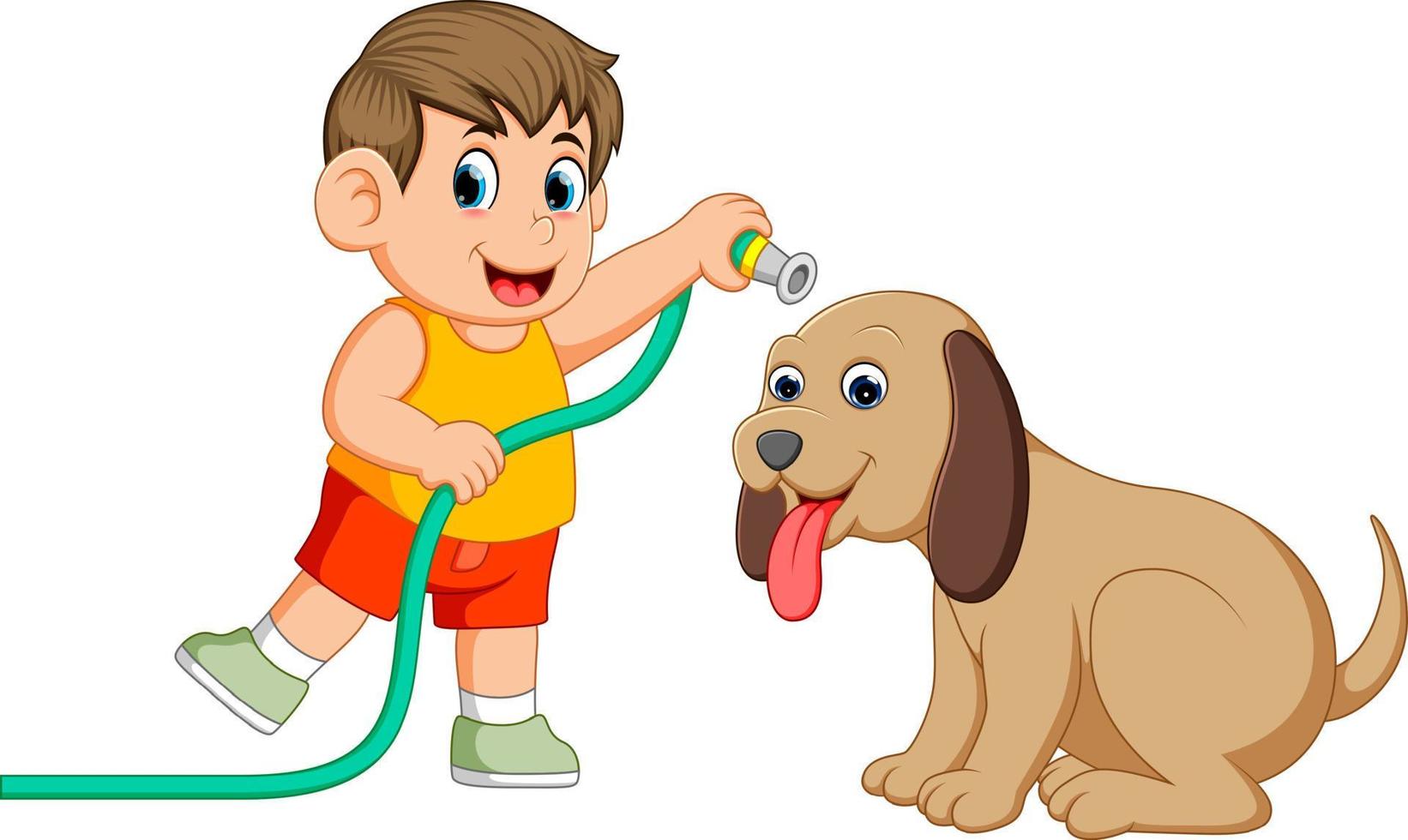 en liten pojke med de gul trasa kommer rena hans stor brun hund med de rör vektor