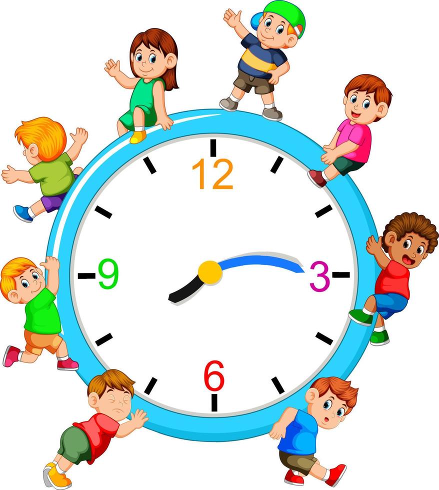 Kinder spielen auf einer riesigen Uhr vektor