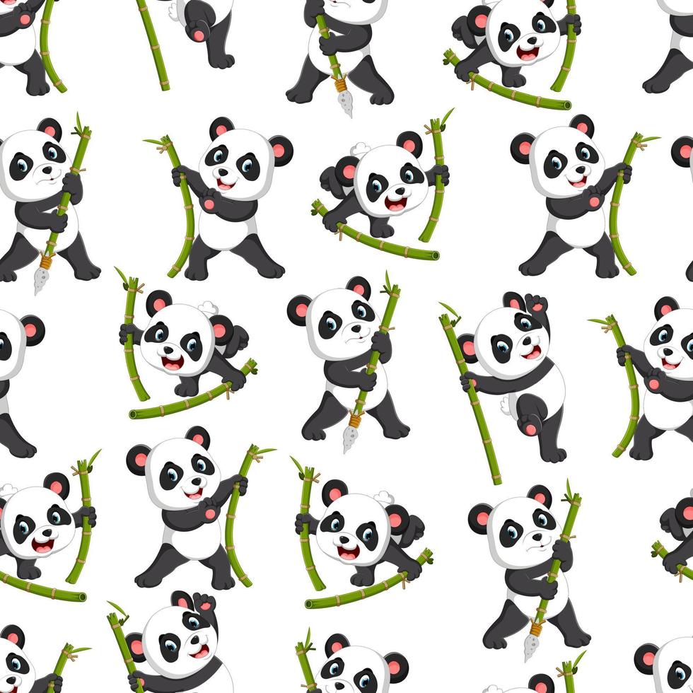 sömlös mönster med panda spelar med de grön bambu vektor