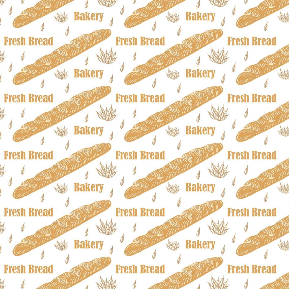 ein Muster aus einem Baguette. Nahtloses Muster eines langen gelben Baguettes, gezeichnet im Doodle-Stil, zufällig angeordnet auf einem beigen Hintergrund für eine Bäckerei-Vorlage vektor