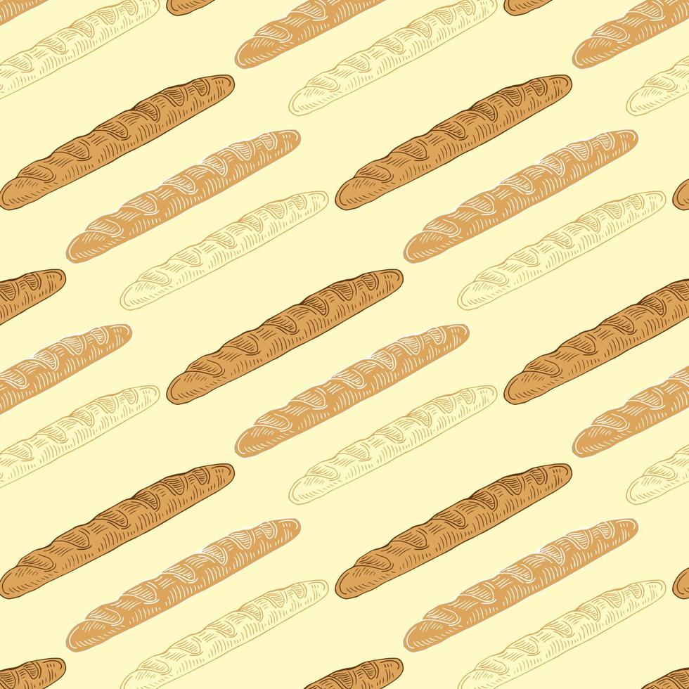 ein Muster aus einem Baguette. Nahtloses Muster eines langen gelben Baguettes, gezeichnet im Doodle-Stil, zufällig angeordnet auf einem beigen Hintergrund für eine Bäckerei-Vorlage vektor