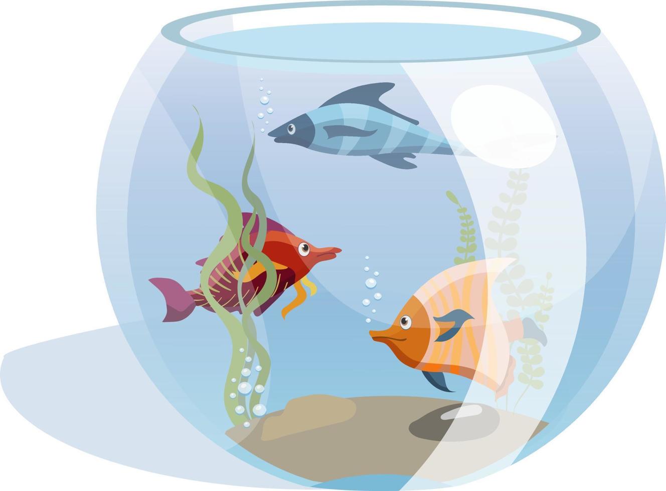 runda akvarium med tre färgrik fisk och tång, isolerat på vit bakgrund vektor